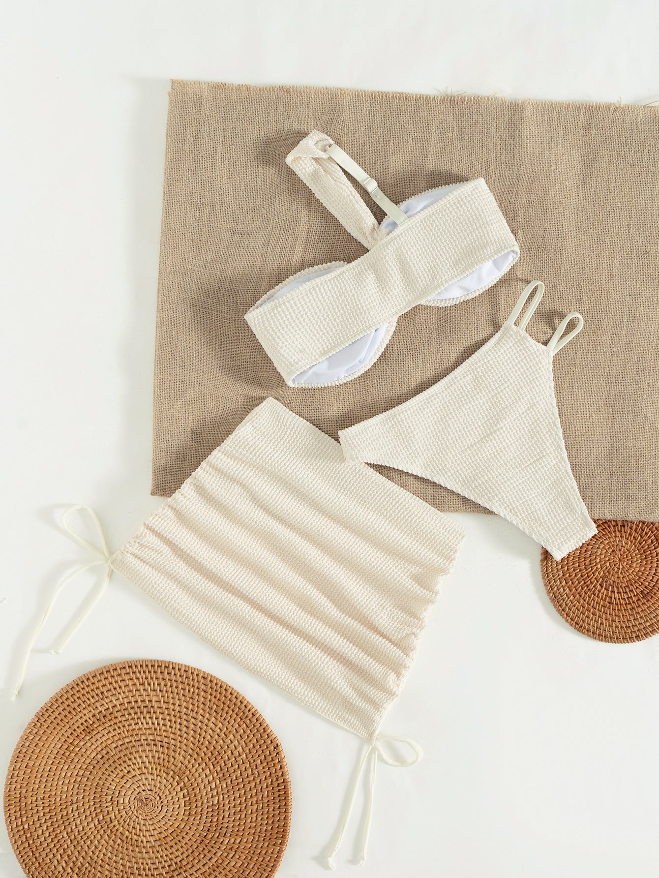 LADIES THREE PIECE BIKINI BEACHWEAR SET WHITE (SIZE S - XL)