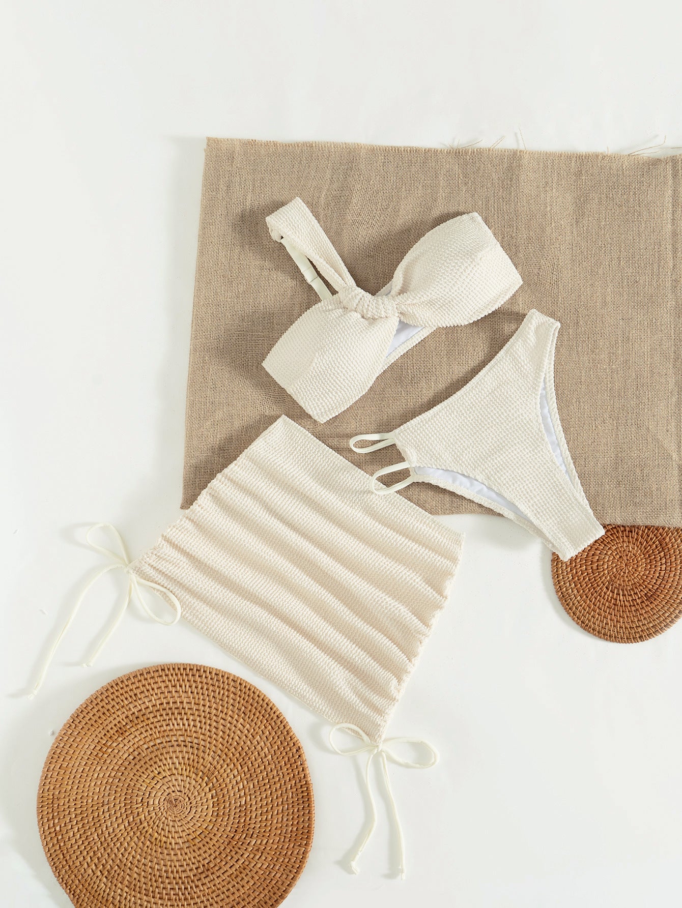 LADIES THREE PIECE BIKINI BEACHWEAR SET WHITE (SIZE S - XL)