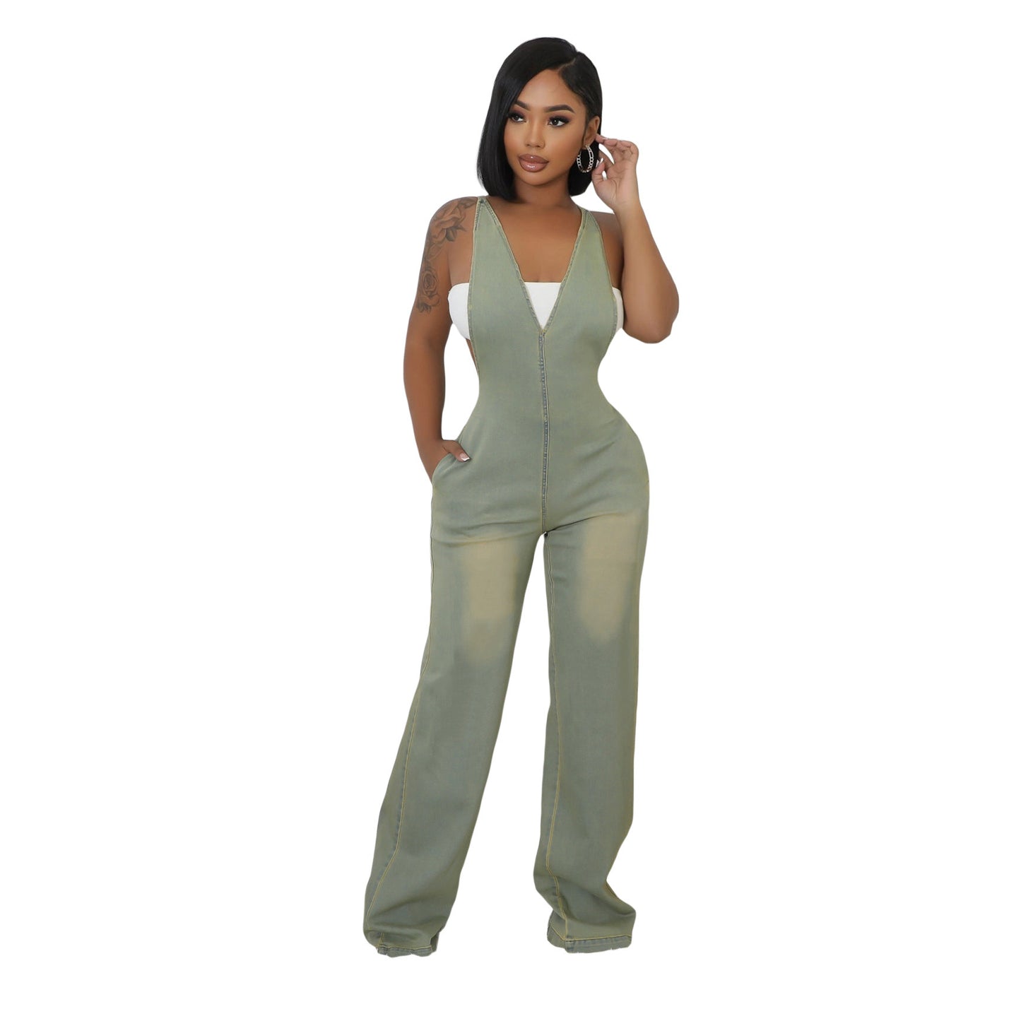 LADIES LONG DENIM JUMPSUIT LIGHT YELLOW-STAINED DENIM (SIZE S - 2XL)