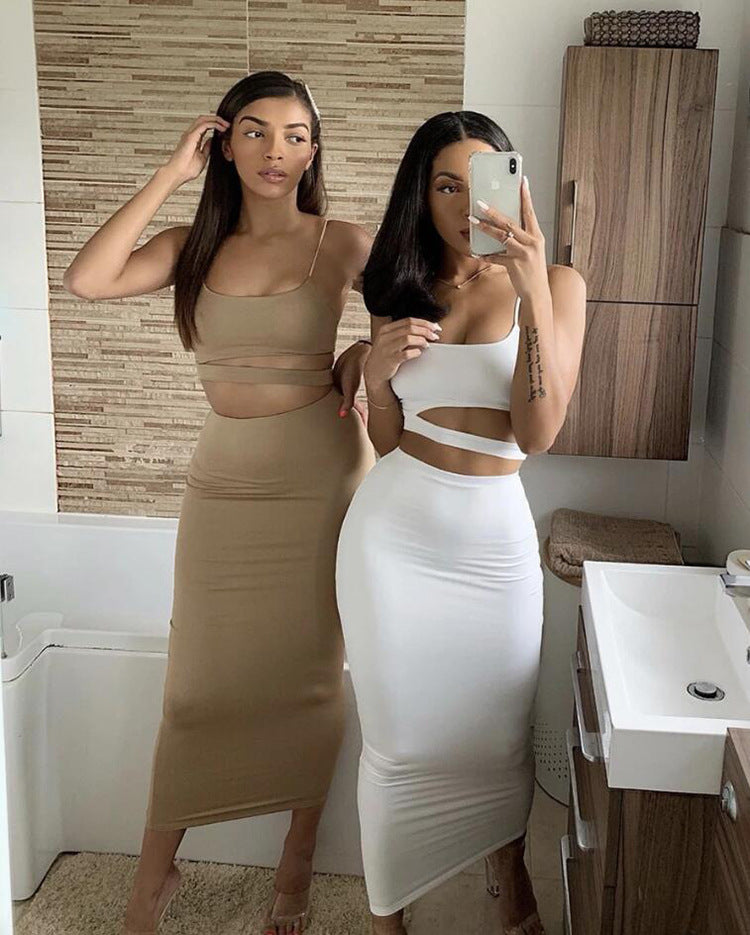 LADIES TWO PIECE SKIRT SET WHITE / KHAKI / BLACK / GREEN / ORANGE (SIZE S - 2XL)