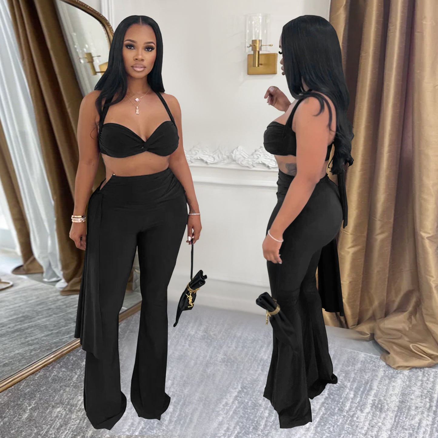Ladies sexy summer strapless lace up two piece halter neck top and pants set Black / red / brown / white (Size S - 2XL)