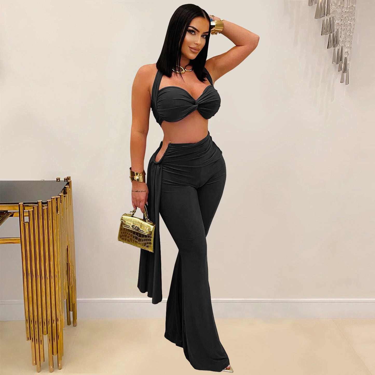 Ladies sexy summer strapless lace up two piece halter neck top and pants set Black / red / brown / white (Size S - 2XL)