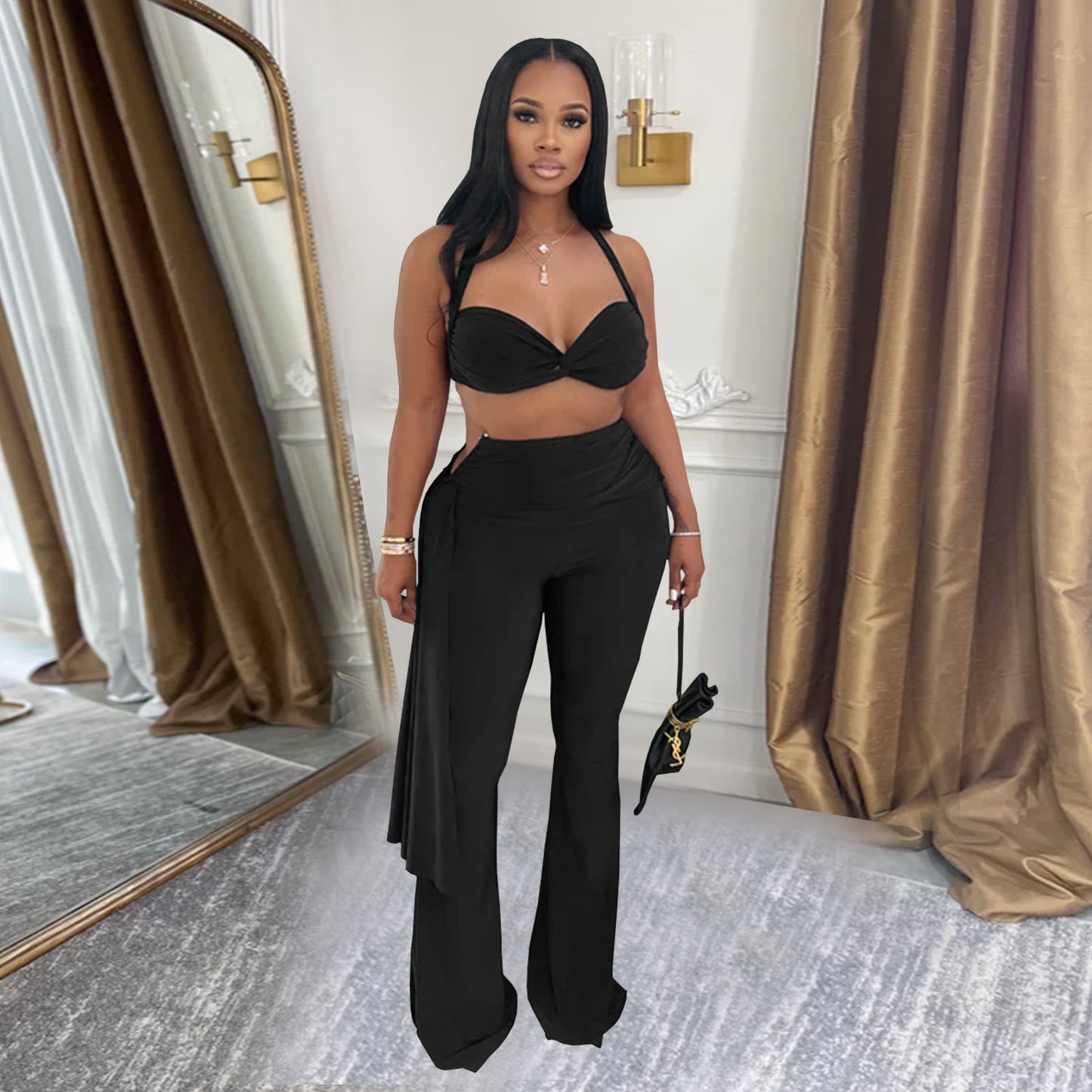Ladies sexy summer strapless lace up two piece halter neck top and pants set Black / red / brown / white (Size S - 2XL)