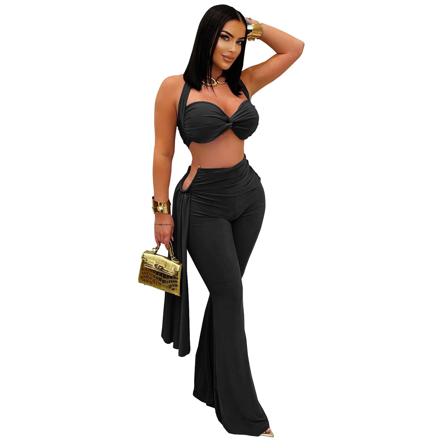 Ladies sexy summer strapless lace up two piece halter neck top and pants set Black / red / brown / white (Size S - 2XL)