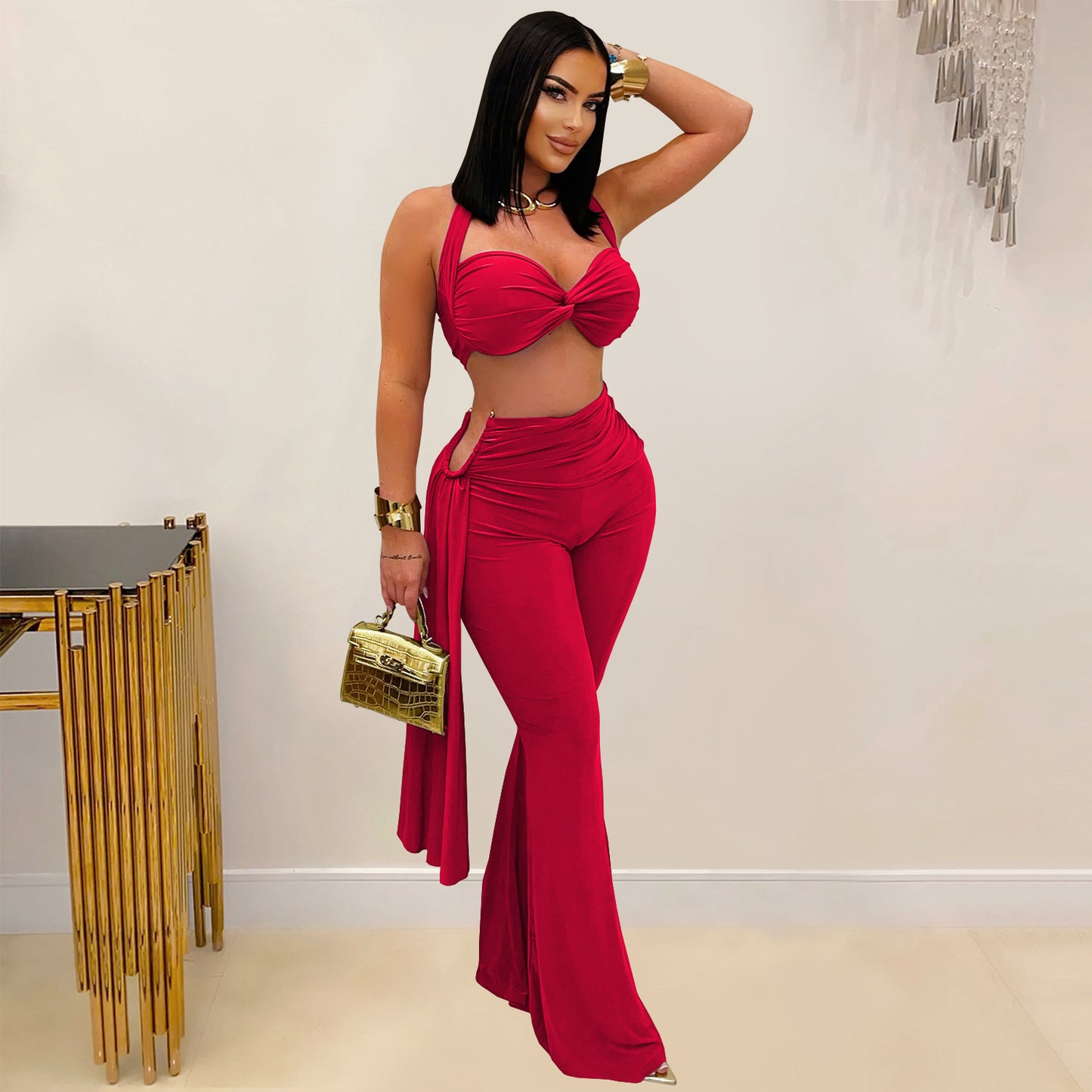 Ladies sexy summer strapless lace up two piece halter neck top and pants set Black / red / brown / white (Size S - 2XL)