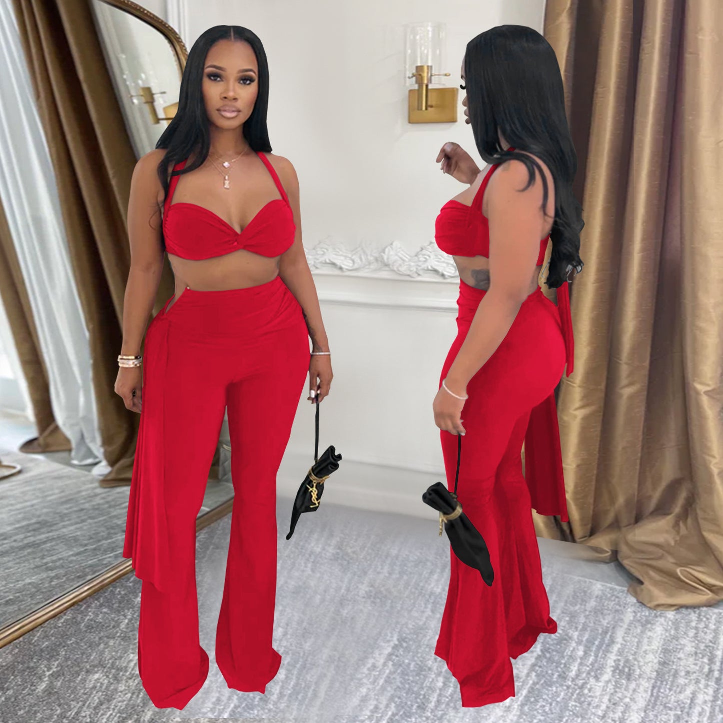 Ladies sexy summer strapless lace up two piece halter neck top and pants set Black / red / brown / white (Size S - 2XL)