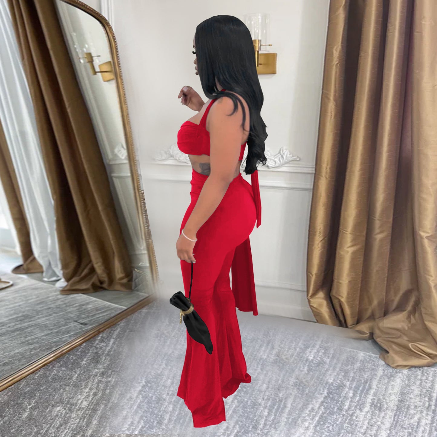 Ladies sexy summer strapless lace up two piece halter neck top and pants set Black / red / brown / white (Size S - 2XL)