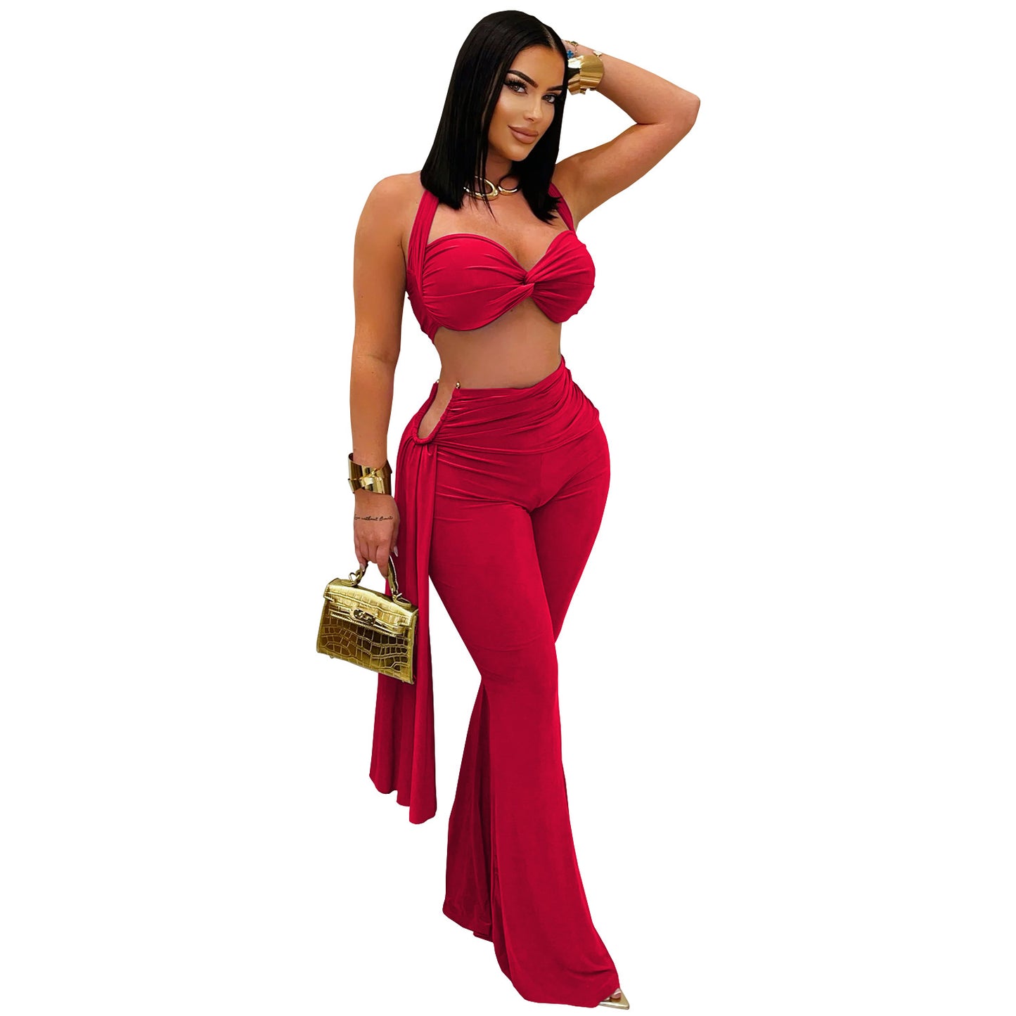 Ladies sexy summer strapless lace up two piece halter neck top and pants set Black / red / brown / white (Size S - 2XL)