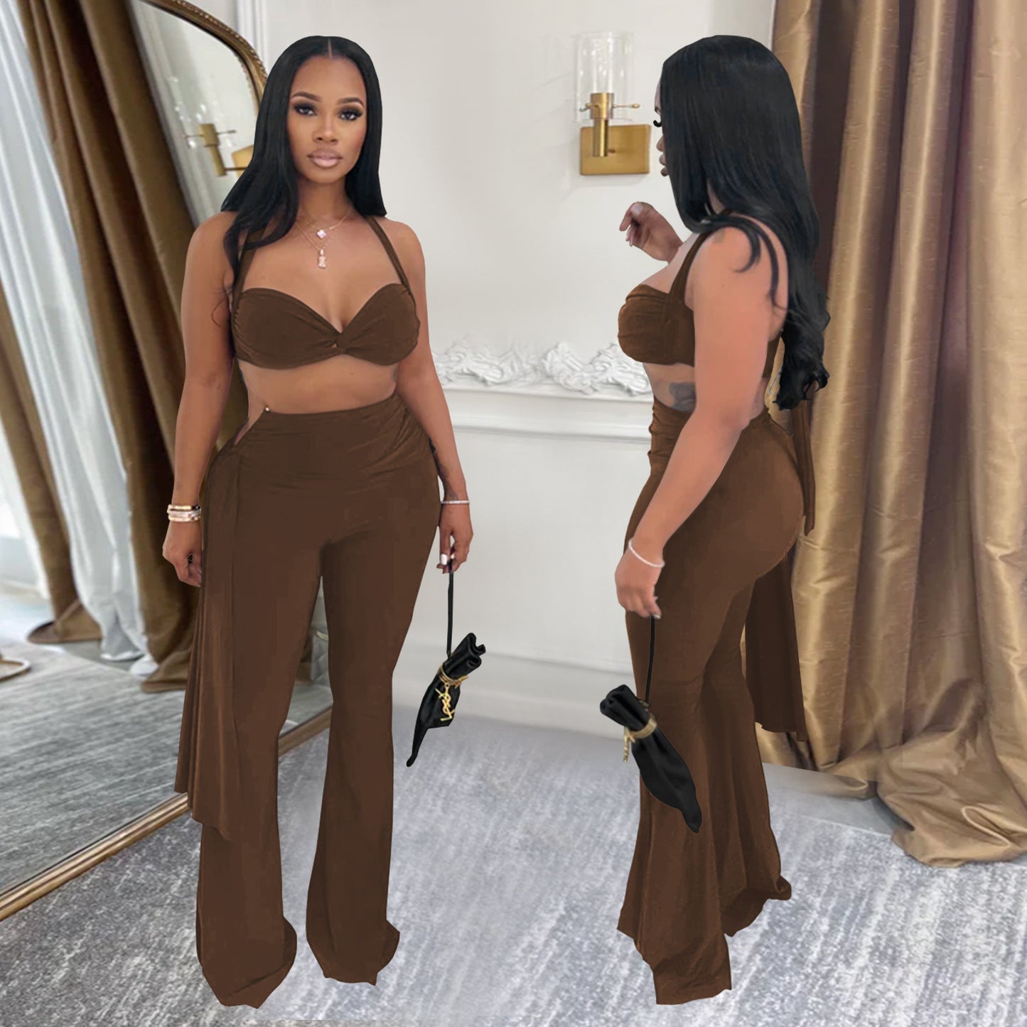 Ladies sexy summer strapless lace up two piece halter neck top and pants set Black / red / brown / white (Size S - 2XL)