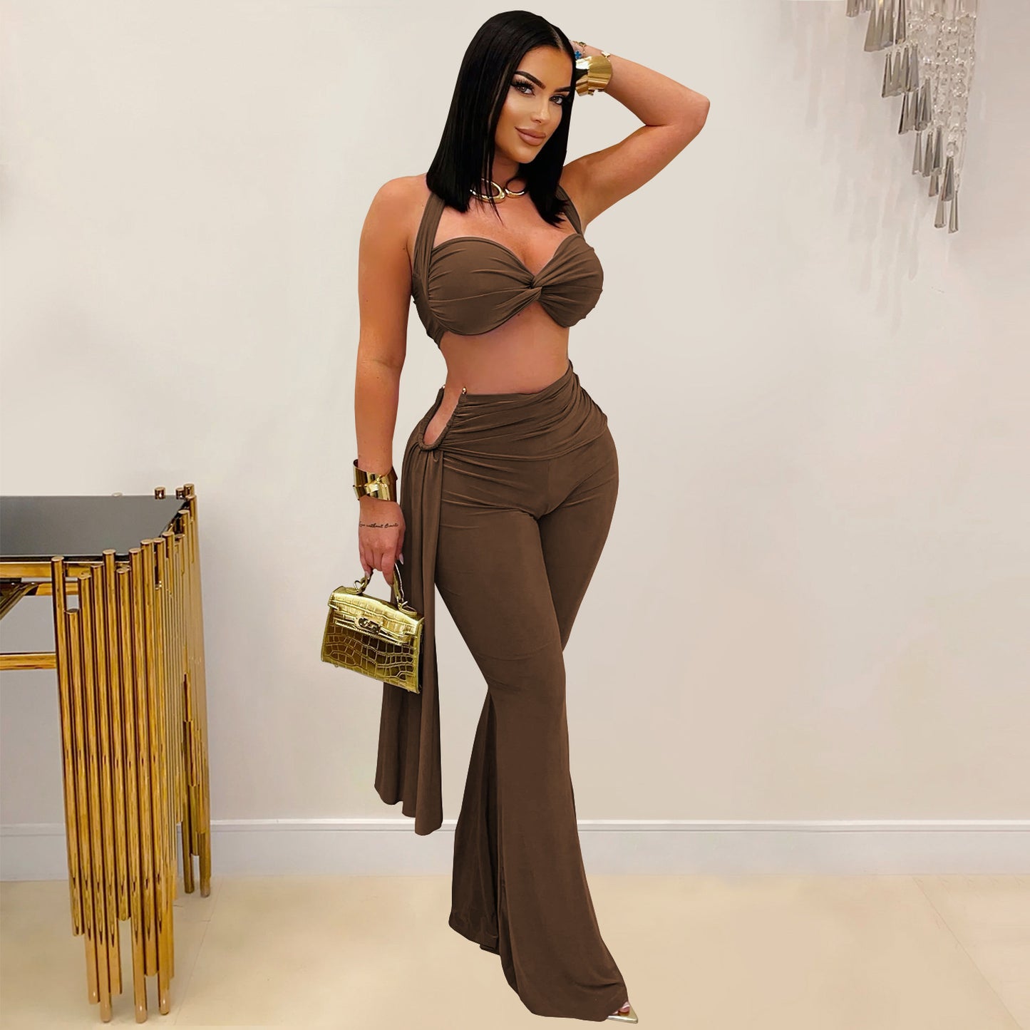 Ladies sexy summer strapless lace up two piece halter neck top and pants set Black / red / brown / white (Size S - 2XL)
