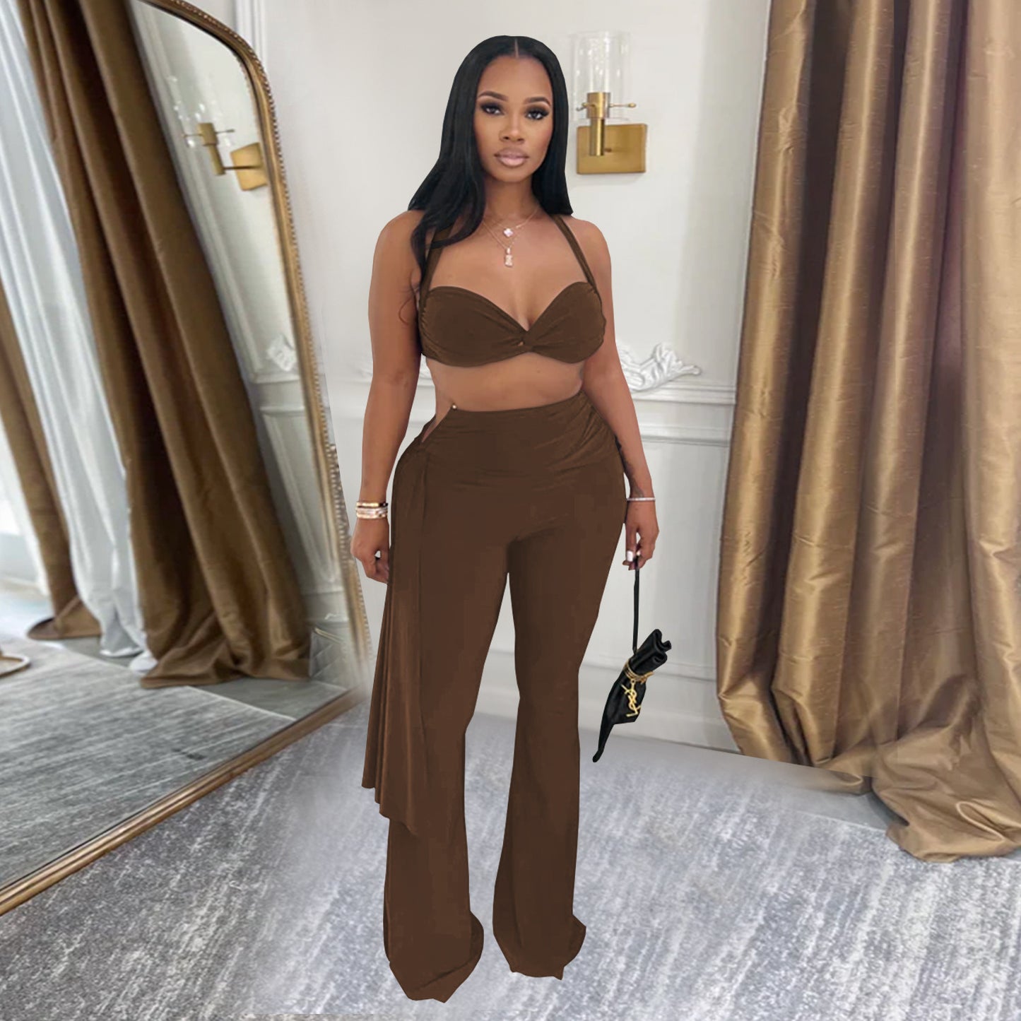 Ladies sexy summer strapless lace up two piece halter neck top and pants set Black / red / brown / white (Size S - 2XL)
