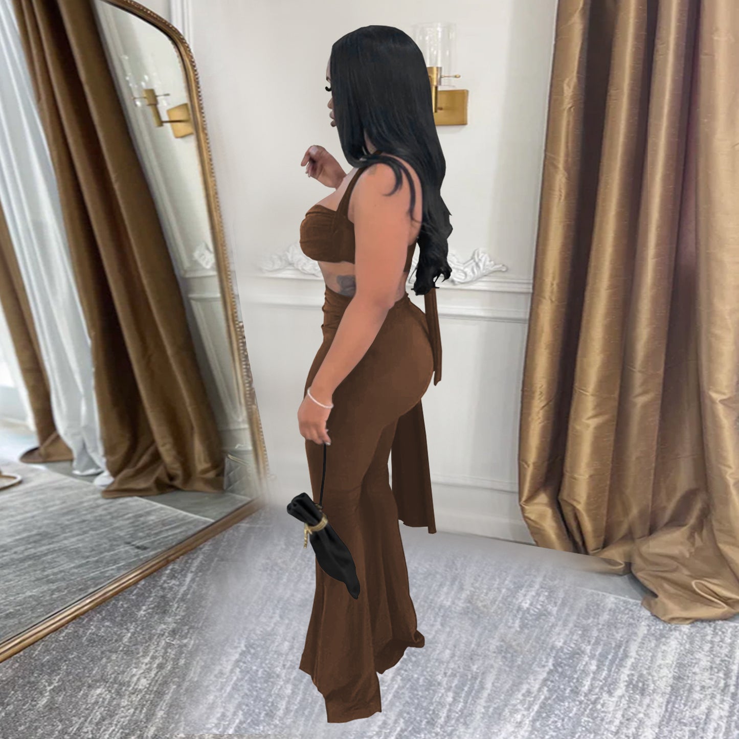 Ladies sexy summer strapless lace up two piece halter neck top and pants set Black / red / brown / white (Size S - 2XL)