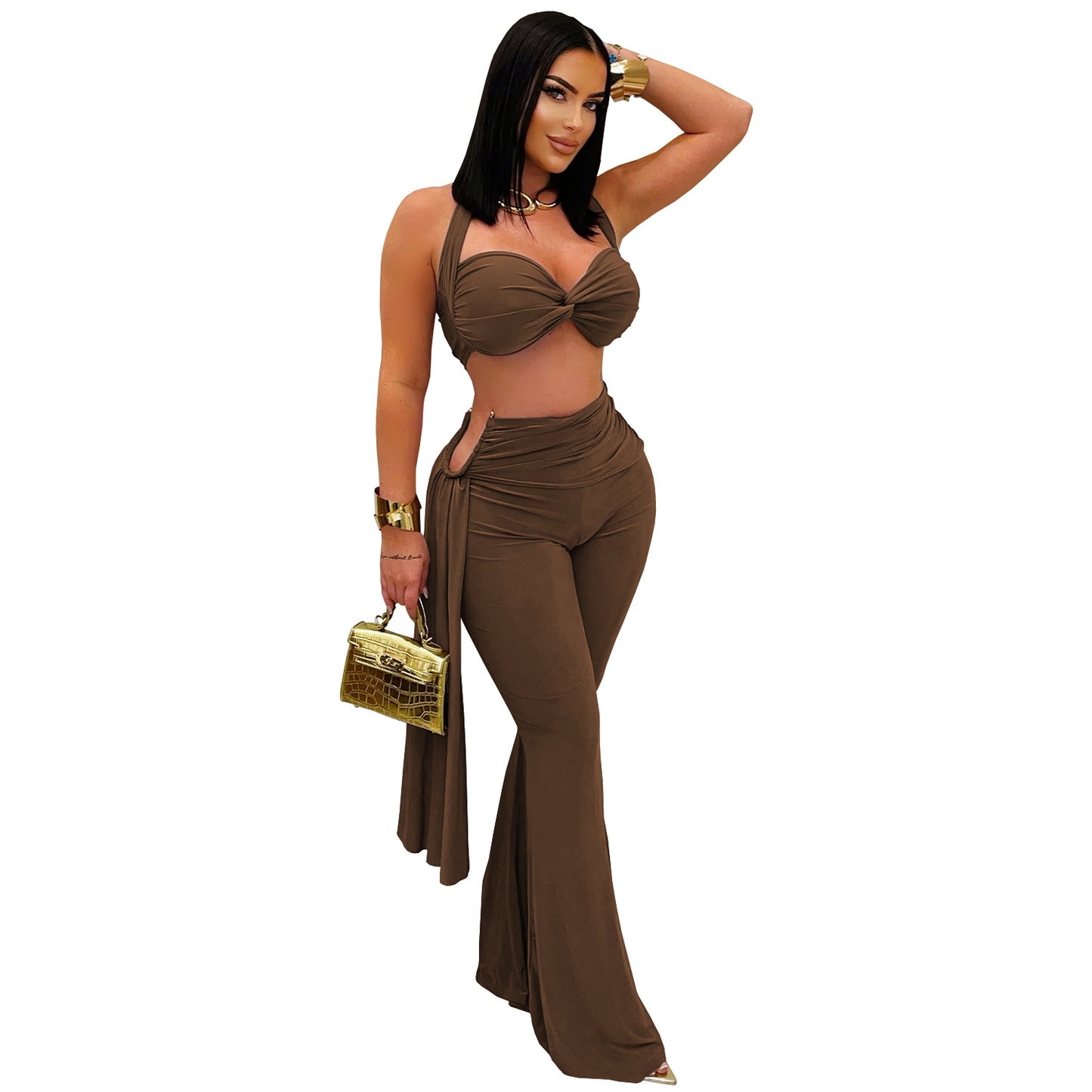 Ladies sexy summer strapless lace up two piece halter neck top and pants set Black / red / brown / white (Size S - 2XL)