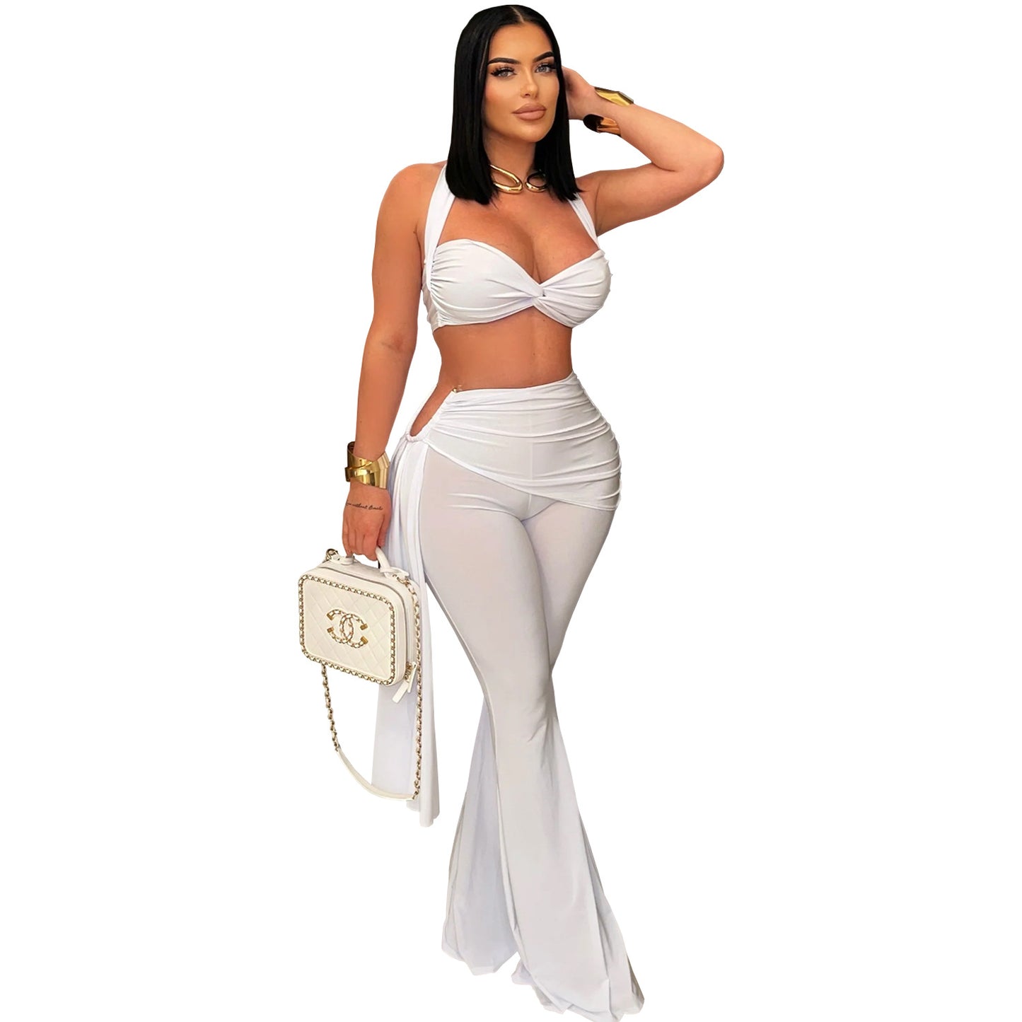 Ladies sexy summer strapless lace up two piece halter neck top and pants set Black / red / brown / white (Size S - 2XL)