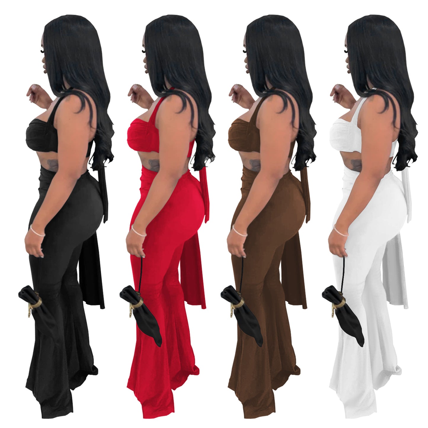 Ladies sexy summer strapless lace up two piece halter neck top and pants set Black / red / brown / white (Size S - 2XL)
