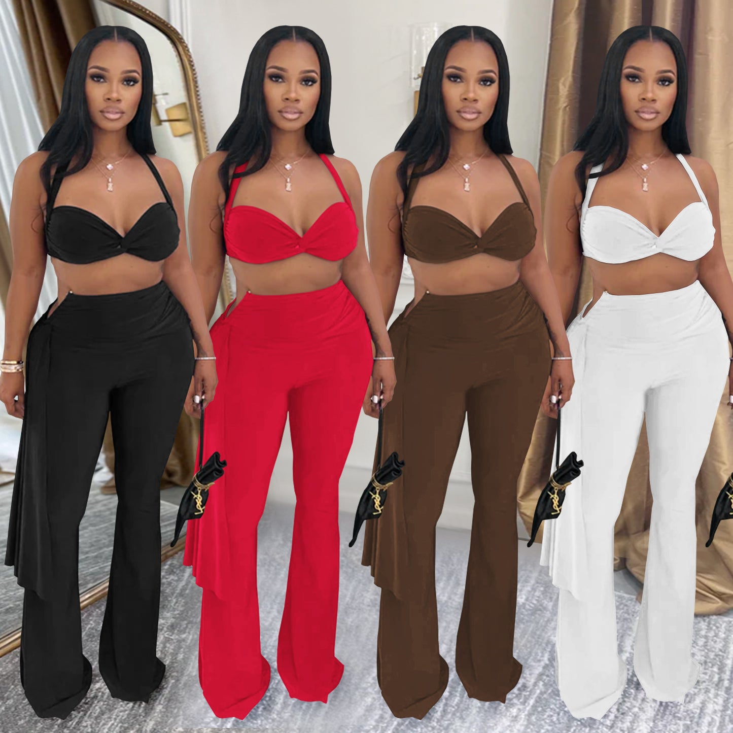 Ladies sexy summer strapless lace up two piece halter neck top and pants set Black / red / brown / white (Size S - 2XL)