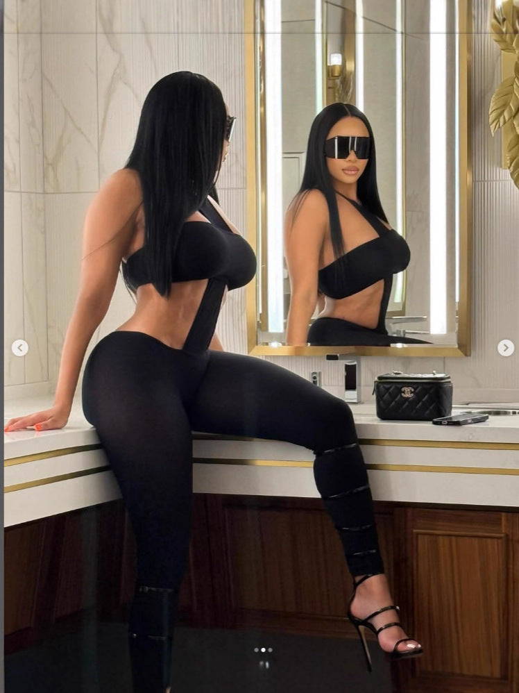 Ladies sexy two piece halter neck top and pants set black (SIZE S - XL)