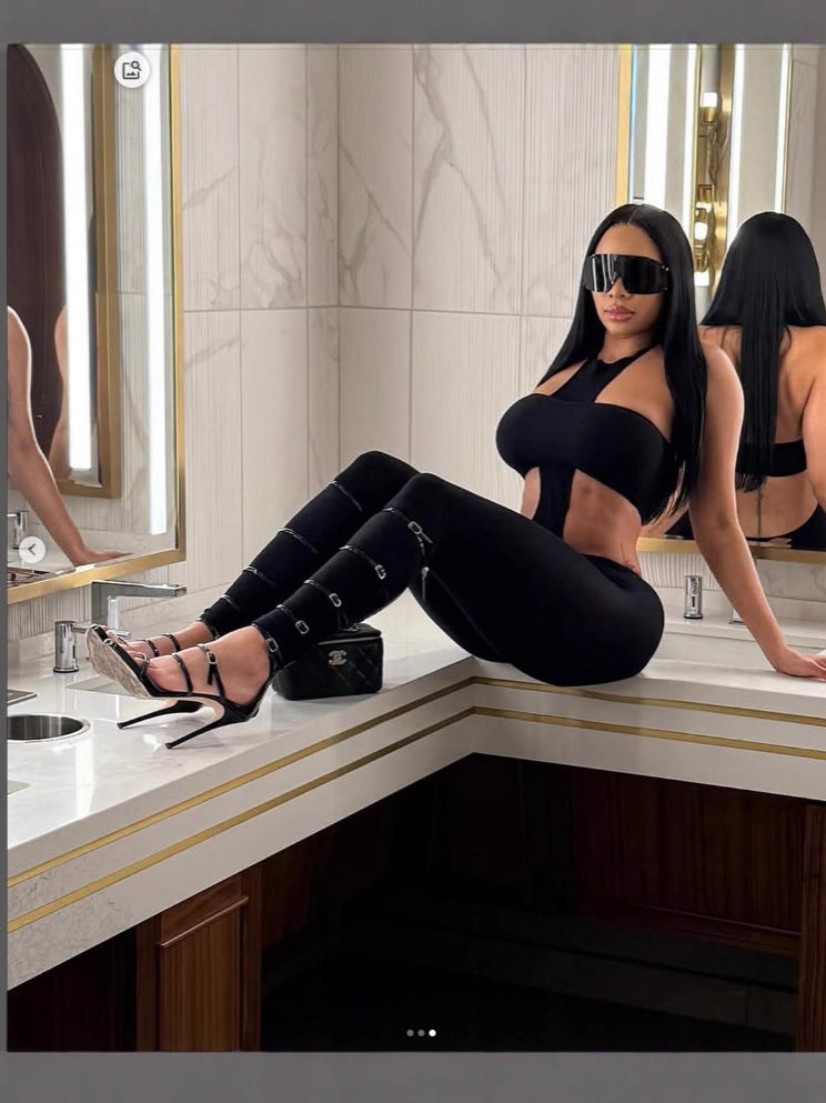 Ladies sexy two piece halter neck top and pants set black (SIZE S - XL)