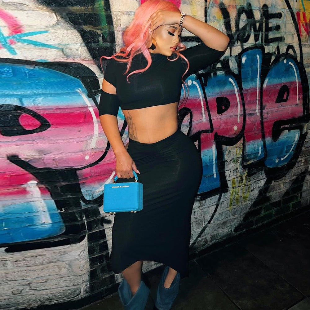 Women two piece crop top and skirt set Black (SIZE S - L)