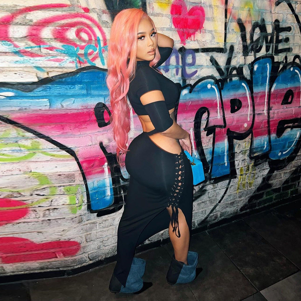 Women two piece crop top and skirt set Black (SIZE S - L)