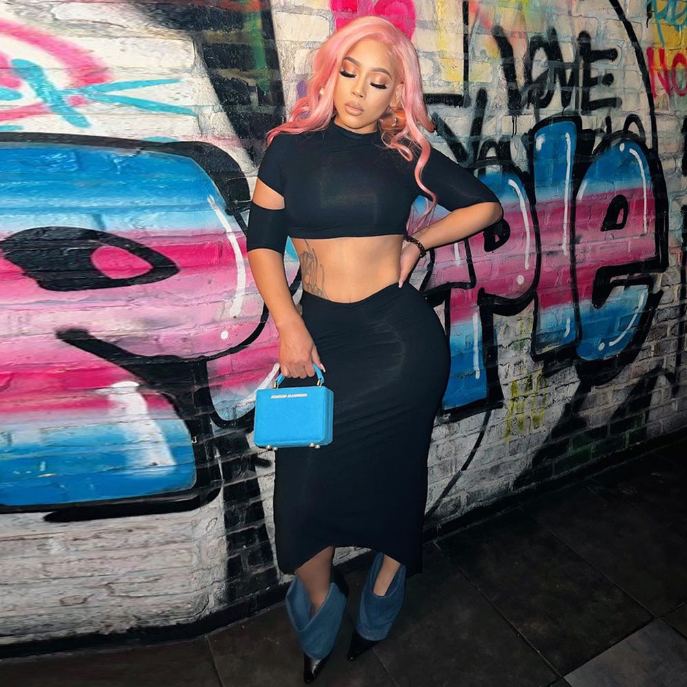 Women two piece crop top and skirt set Black (SIZE S - L)