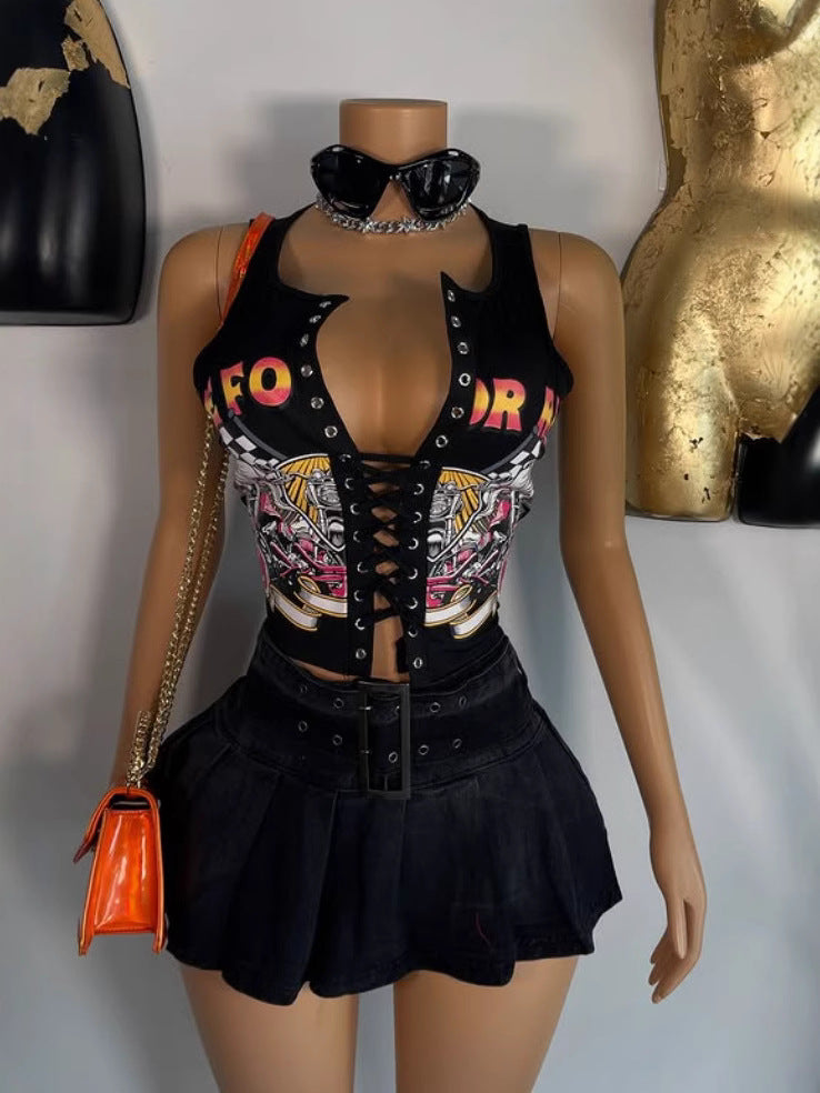 Women sexy lace up top Black (Size S - XL)