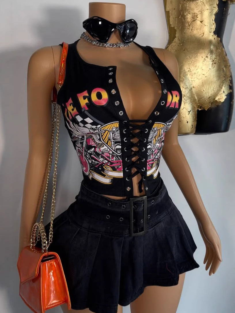 Women sexy lace up top Black (Size S - XL)