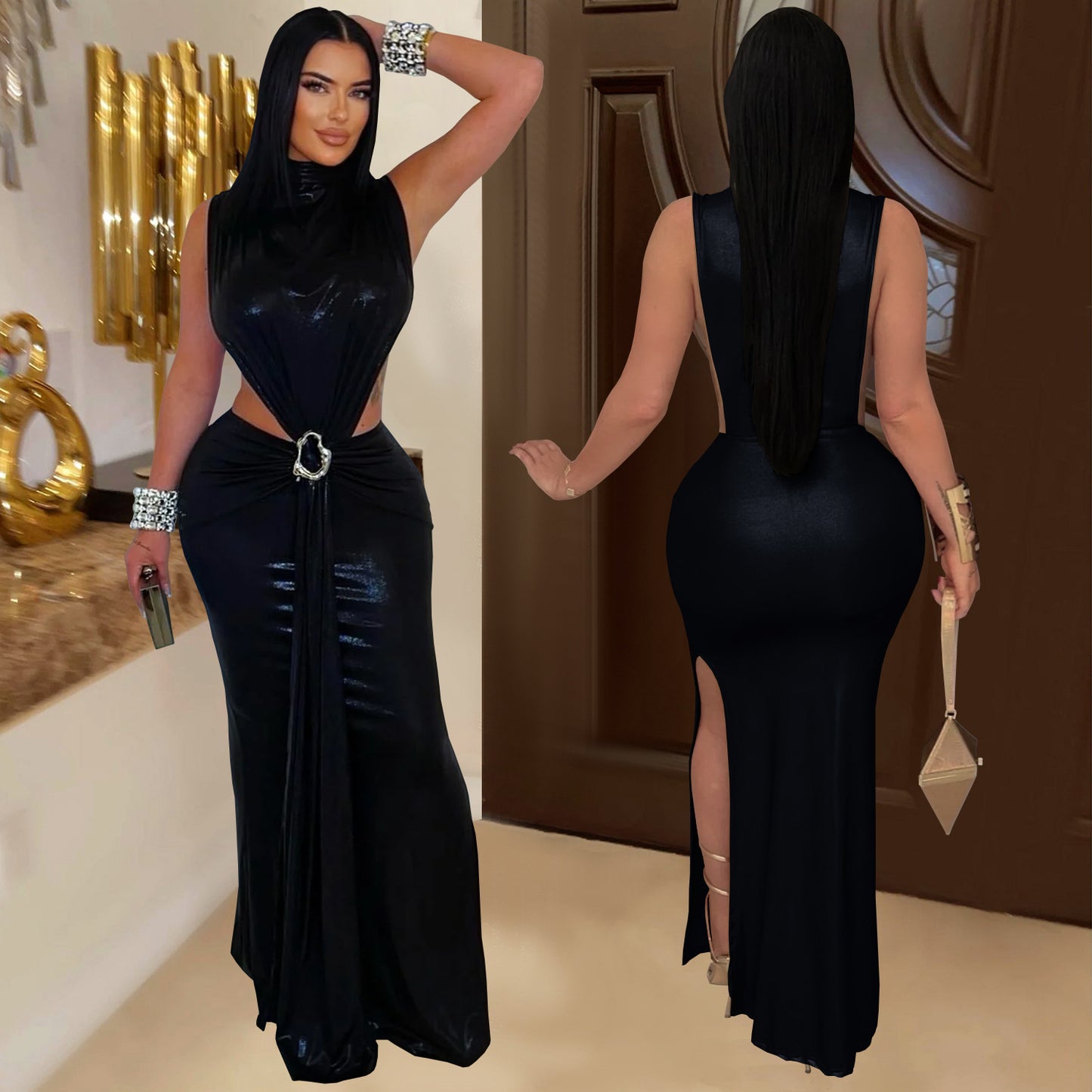 Women high neck cut out dress with slit Black / blue / gold / silver (Size S - 2XL)