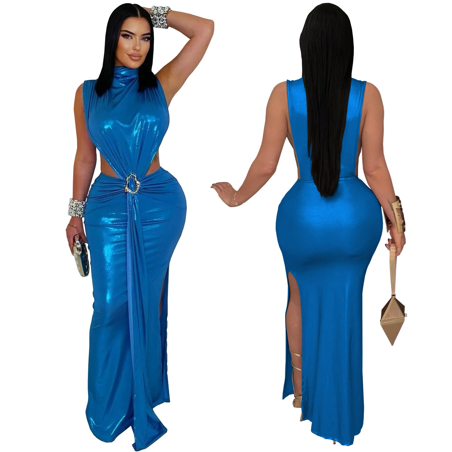 Women high neck cut out dress with slit Black / blue / gold / silver (Size S - 2XL)