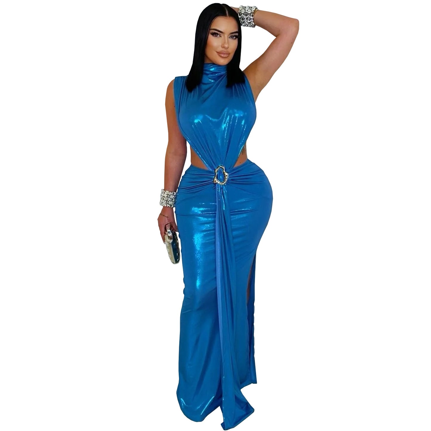 Women high neck cut out dress with slit Black / blue / gold / silver (Size S - 2XL)