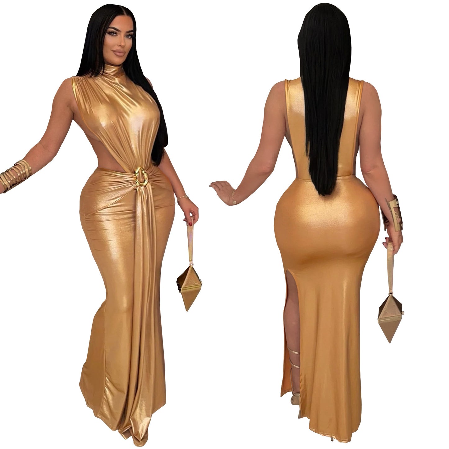 Women high neck cut out dress with slit Black / blue / gold / silver (Size S - 2XL)