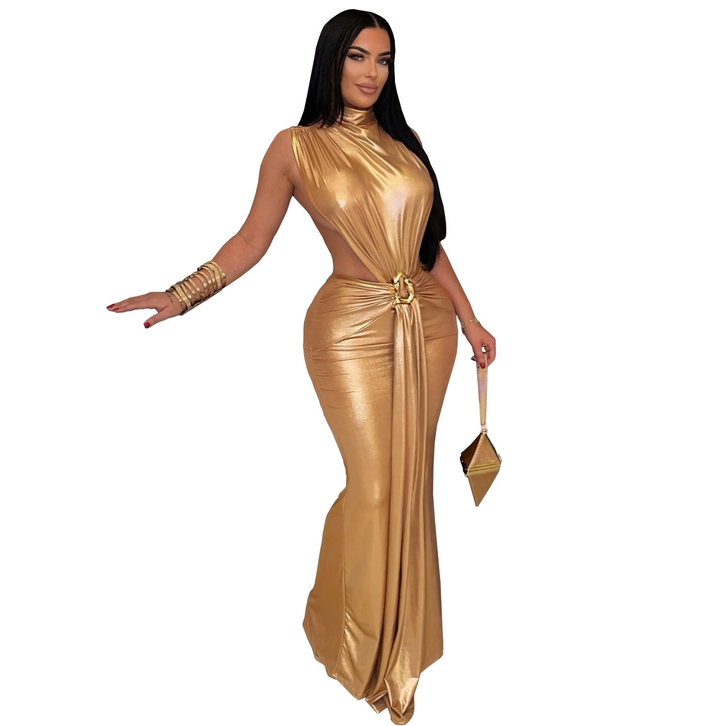 Women high neck cut out dress with slit Black / blue / gold / silver (Size S - 2XL)