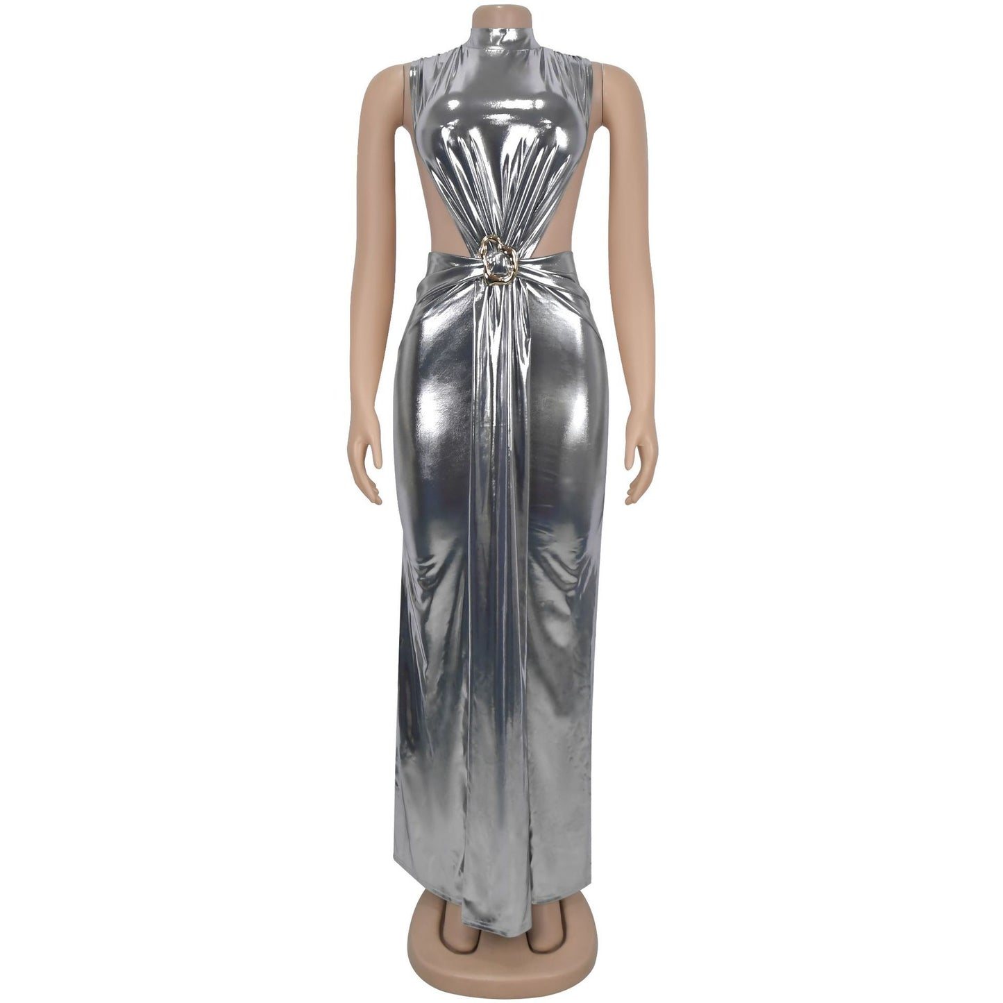 Women high neck cut out dress with slit Black / blue / gold / silver (Size S - 2XL)
