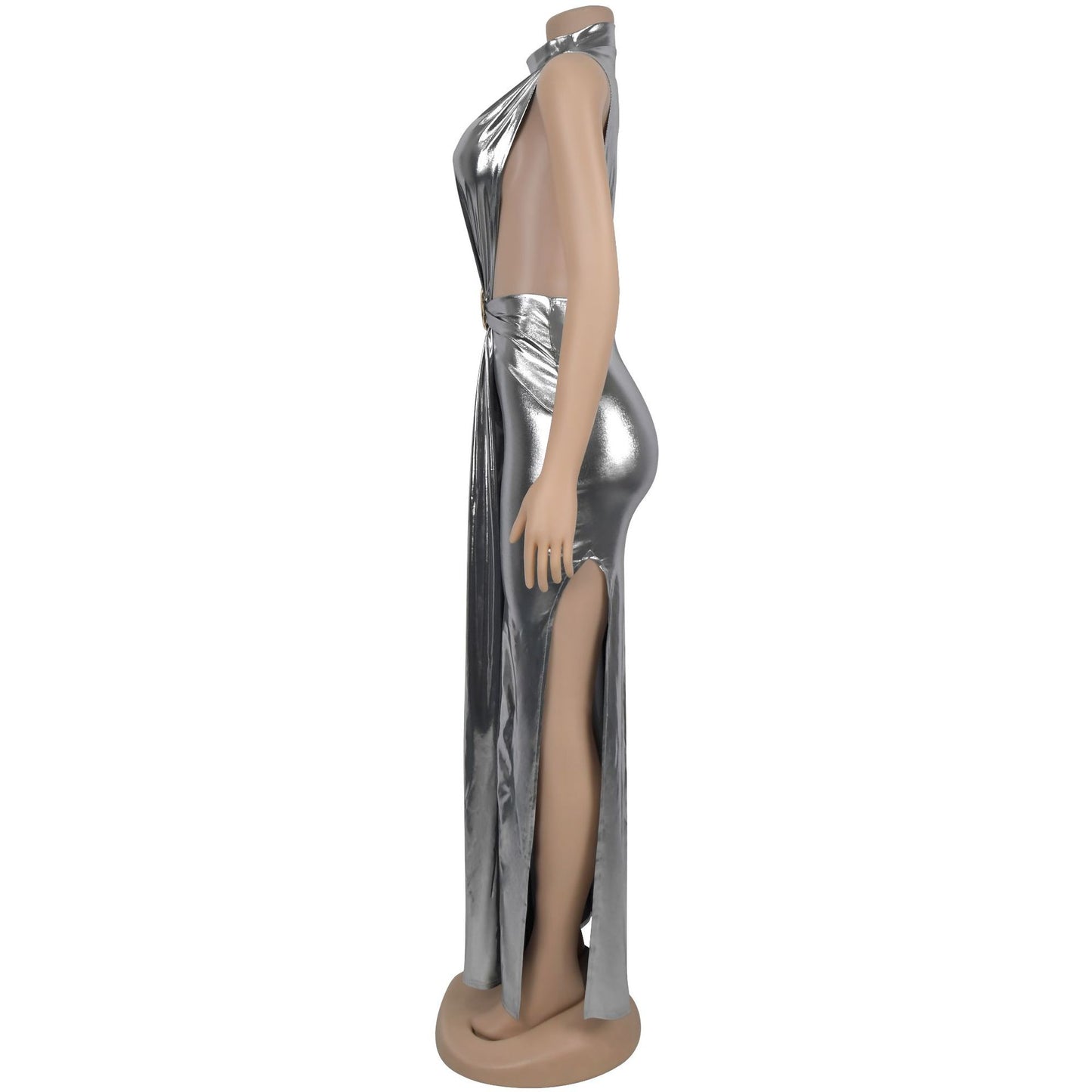 Women high neck cut out dress with slit Black / blue / gold / silver (Size S - 2XL)