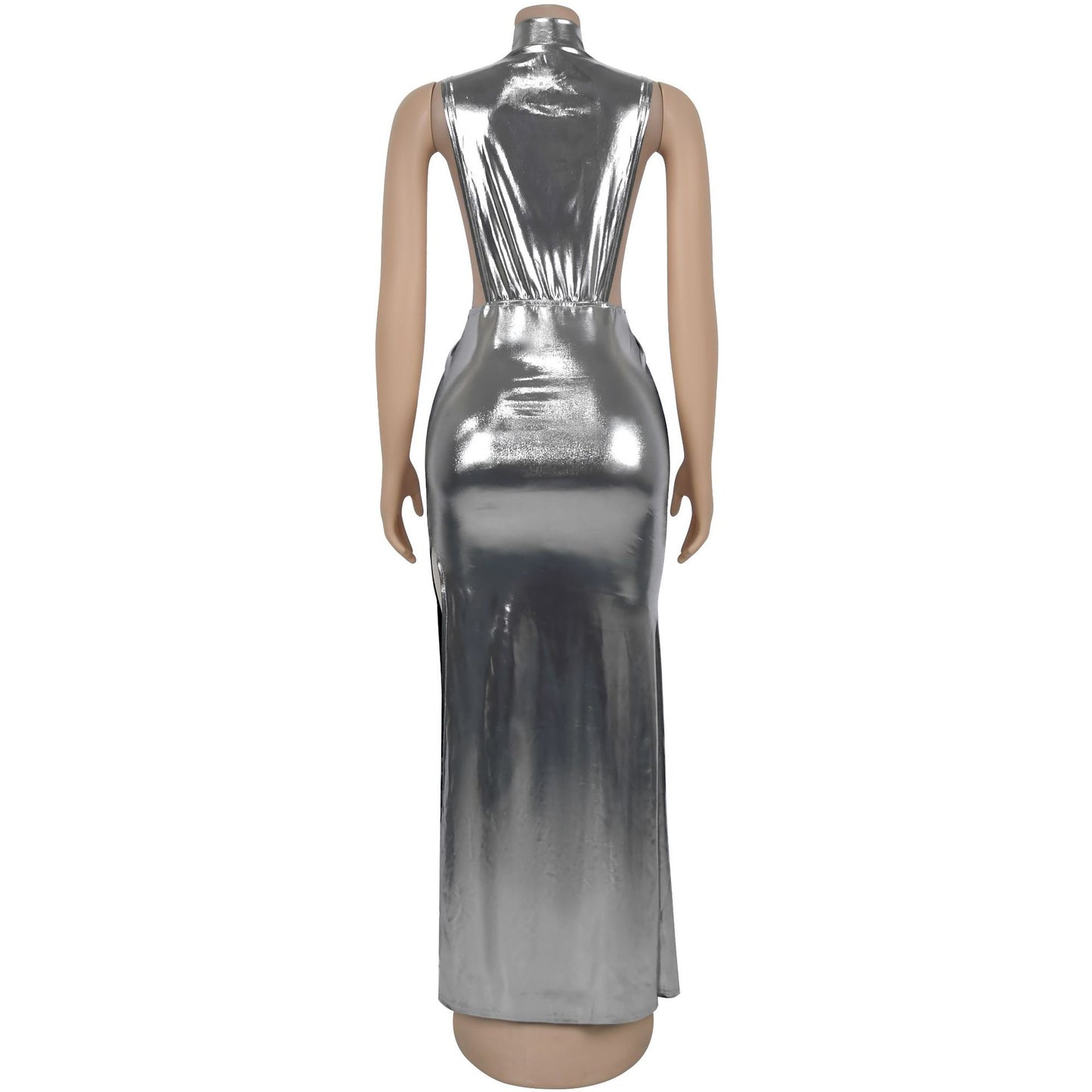 Women high neck cut out dress with slit Black / blue / gold / silver (Size S - 2XL)