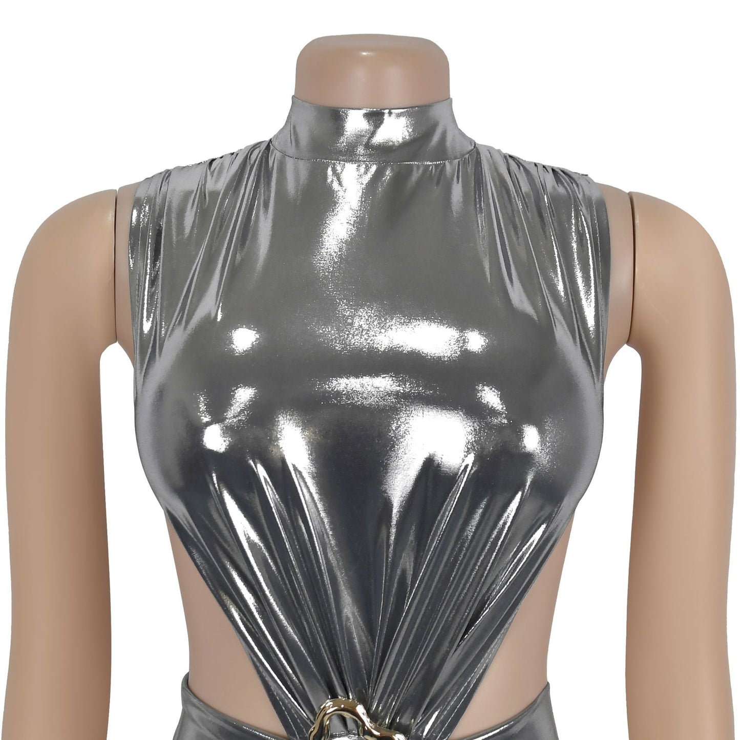Women high neck cut out dress with slit Black / blue / gold / silver (Size S - 2XL)