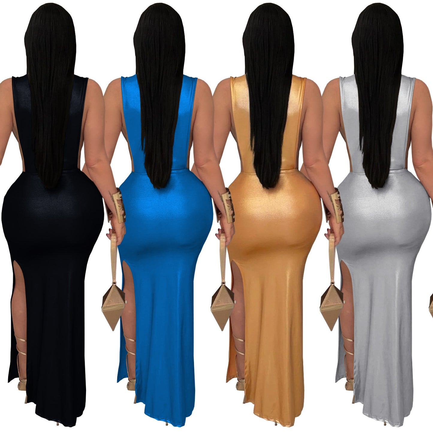 Women high neck cut out dress with slit Black / blue / gold / silver (Size S - 2XL)