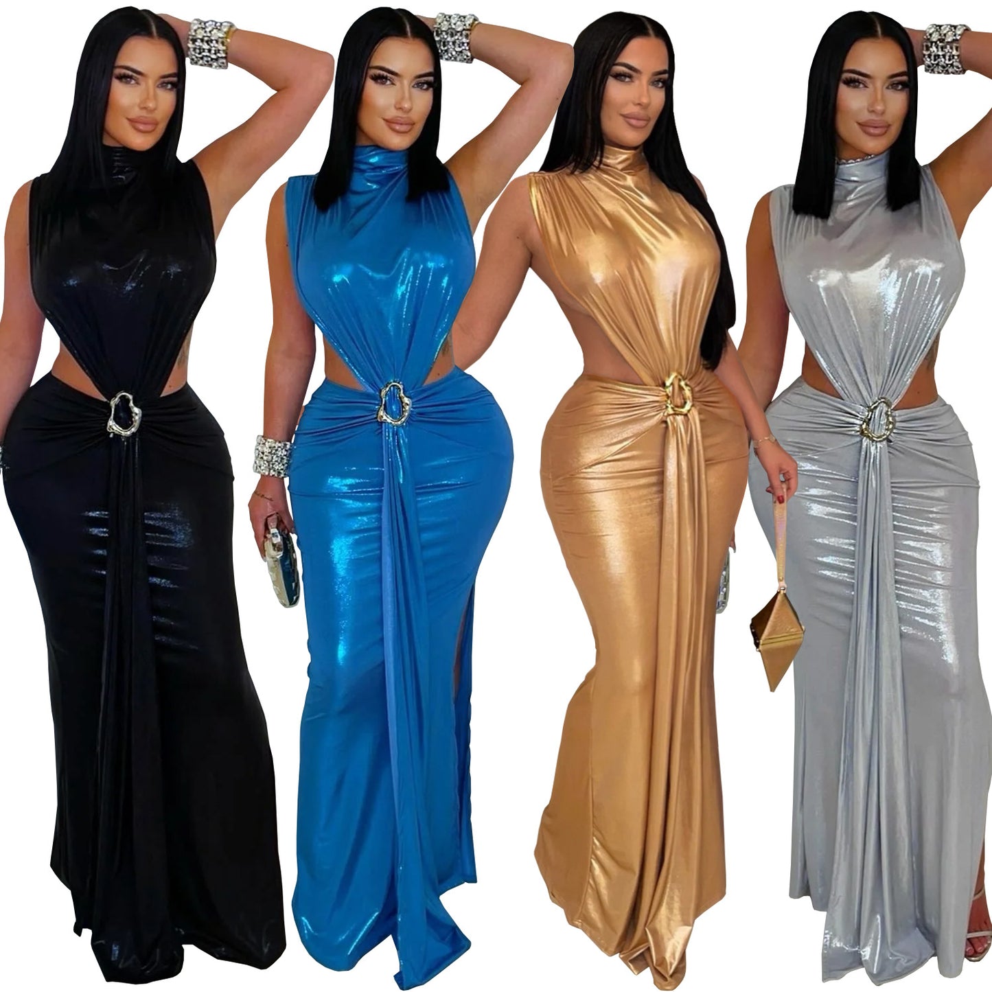 Women high neck cut out dress with slit Black / blue / gold / silver (Size S - 2XL)