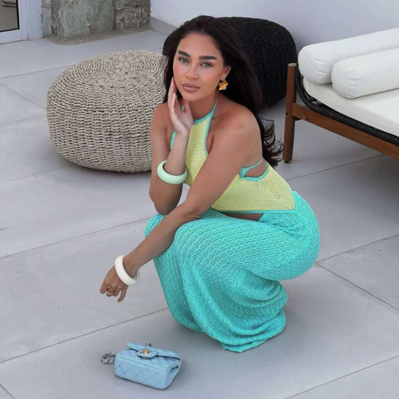 Women stylish fashion sexy two piece halter neck top and skirt beachwear set light turquoise (Size S - L)