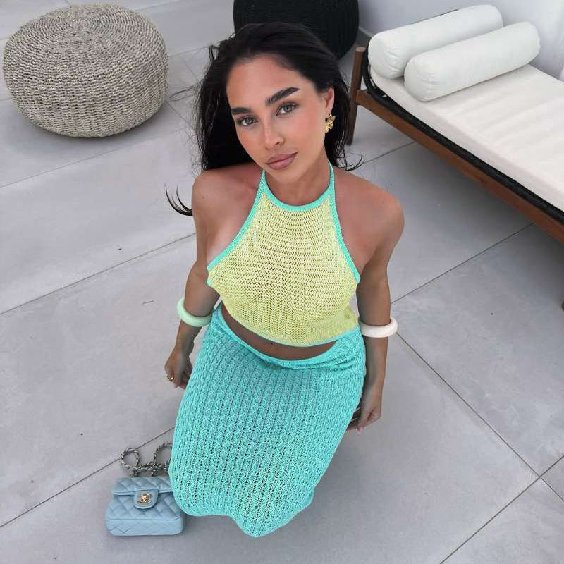 Women stylish fashion sexy two piece halter neck top and skirt beachwear set light turquoise (Size S - L)