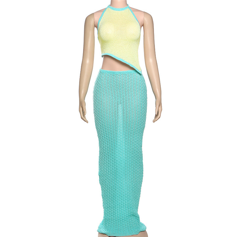 Women stylish fashion sexy two piece halter neck top and skirt beachwear set light turquoise (Size S - L)