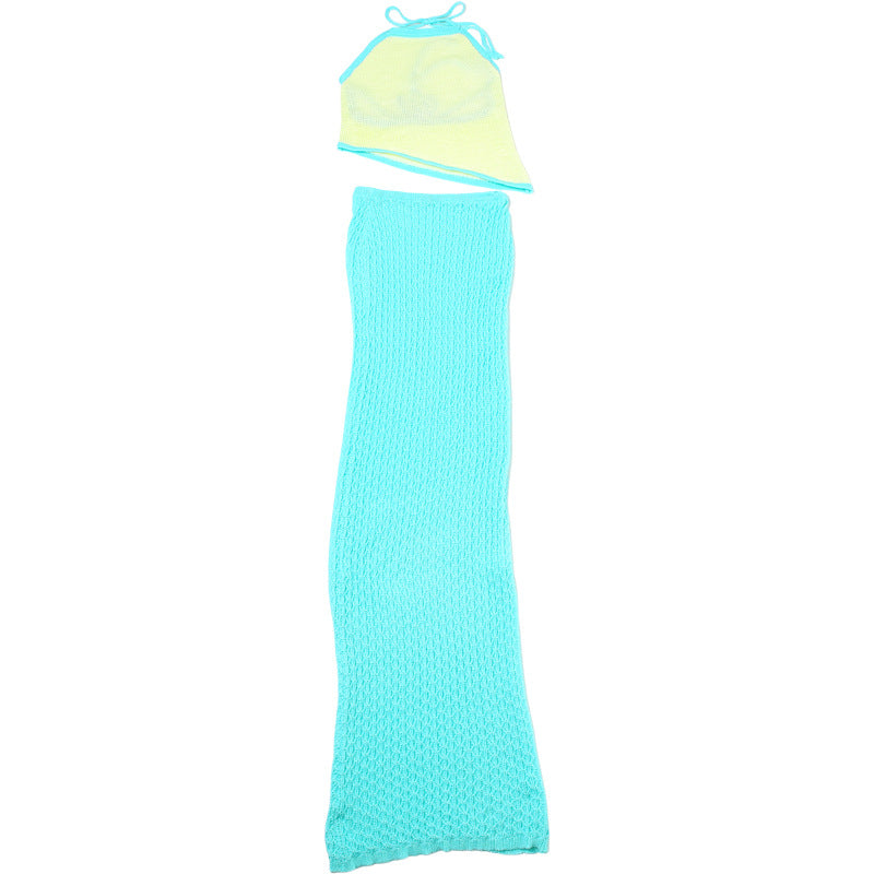 Women stylish fashion sexy two piece halter neck top and skirt beachwear set light turquoise (Size S - L)
