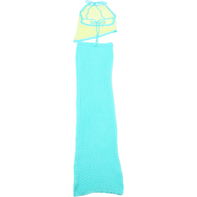 Women stylish fashion sexy two piece halter neck top and skirt beachwear set light turquoise (Size S - L)