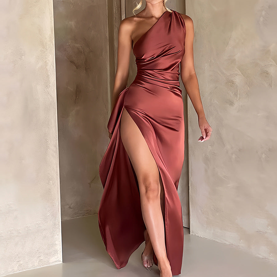 Women stylish fashion one shoulder party cocktail dress with slit 10 different colours (Size S - XL)