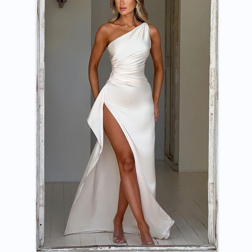 Women stylish fashion one shoulder party cocktail dress with slit 10 different colours (Size S - XL)
