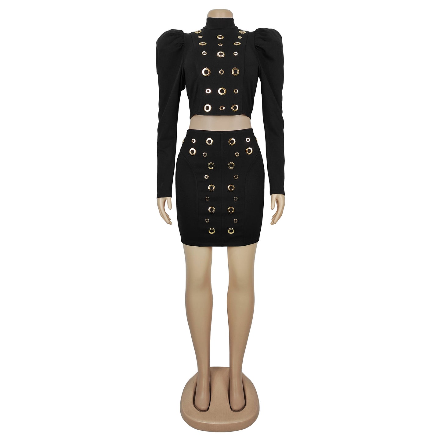 Women stylish fashion sexy two piece long sleeve top and mini skirt set Black / wine red