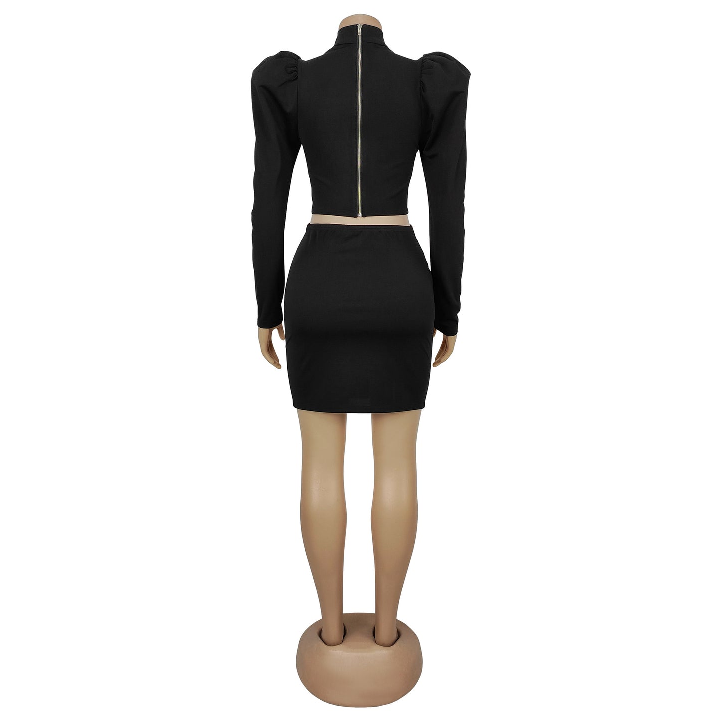 Women stylish fashion sexy two piece long sleeve top and mini skirt set Black / wine red