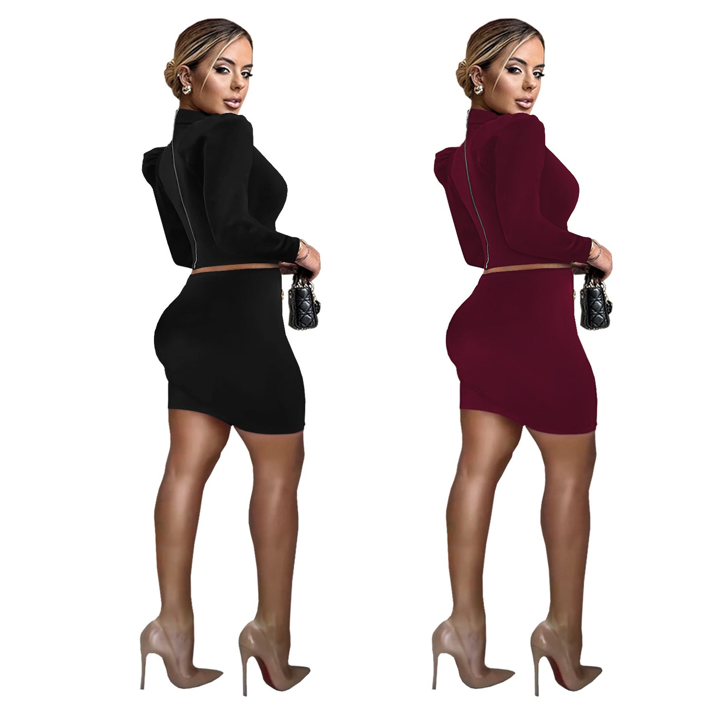 Women stylish fashion sexy two piece long sleeve top and mini skirt set Black / wine red