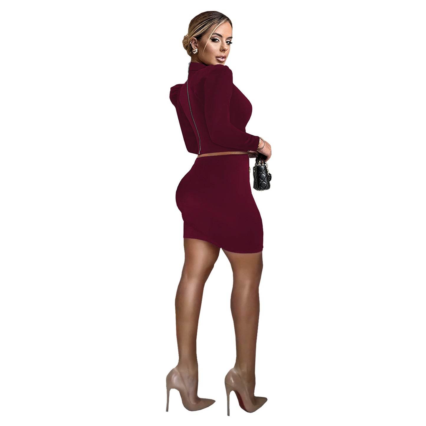 Women stylish fashion sexy two piece long sleeve top and mini skirt set Black / wine red