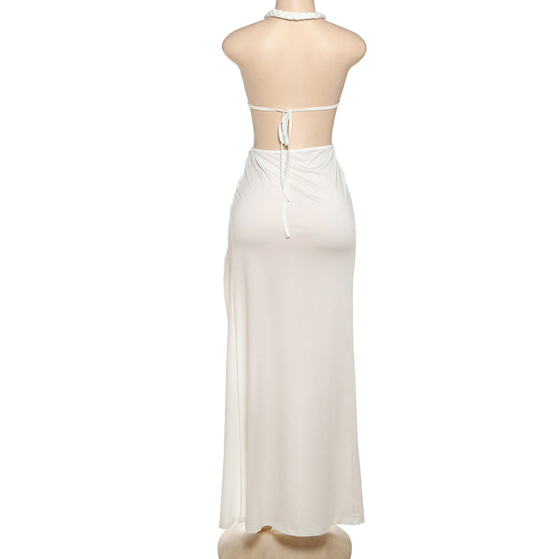 Ladies stylish fashion sexy low back high slit halter neck dress White (Size S - L)